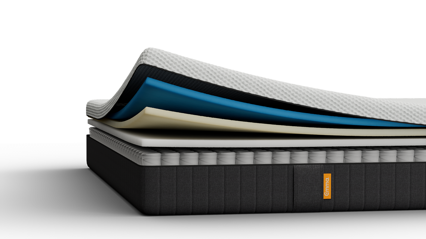 Materasso a strati visibili con sezione bianca, blu e grigia, e un'etichetta arancione.