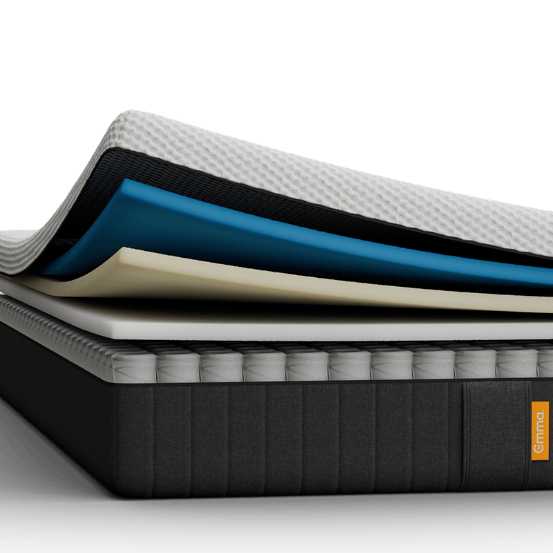 Coupe du matelas montrant des couches de mousse sur ressorts ensachés.