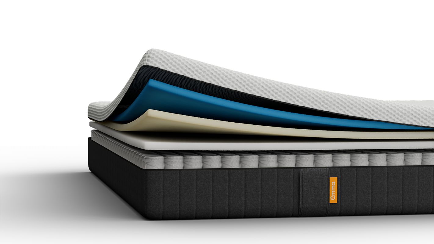 Coupe du matelas montrant des couches de mousse sur ressorts ensachés.