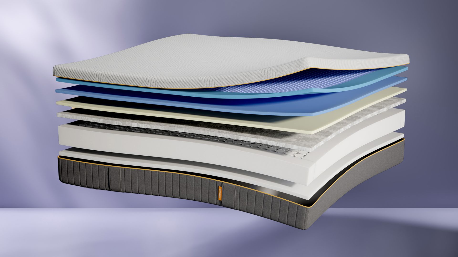 Vue éclatée du Matelas Elite Zero Gravity II montrant ses différentes couches suspendues. Chaque couche est séparée pour illustrer la composition technique du matelas.