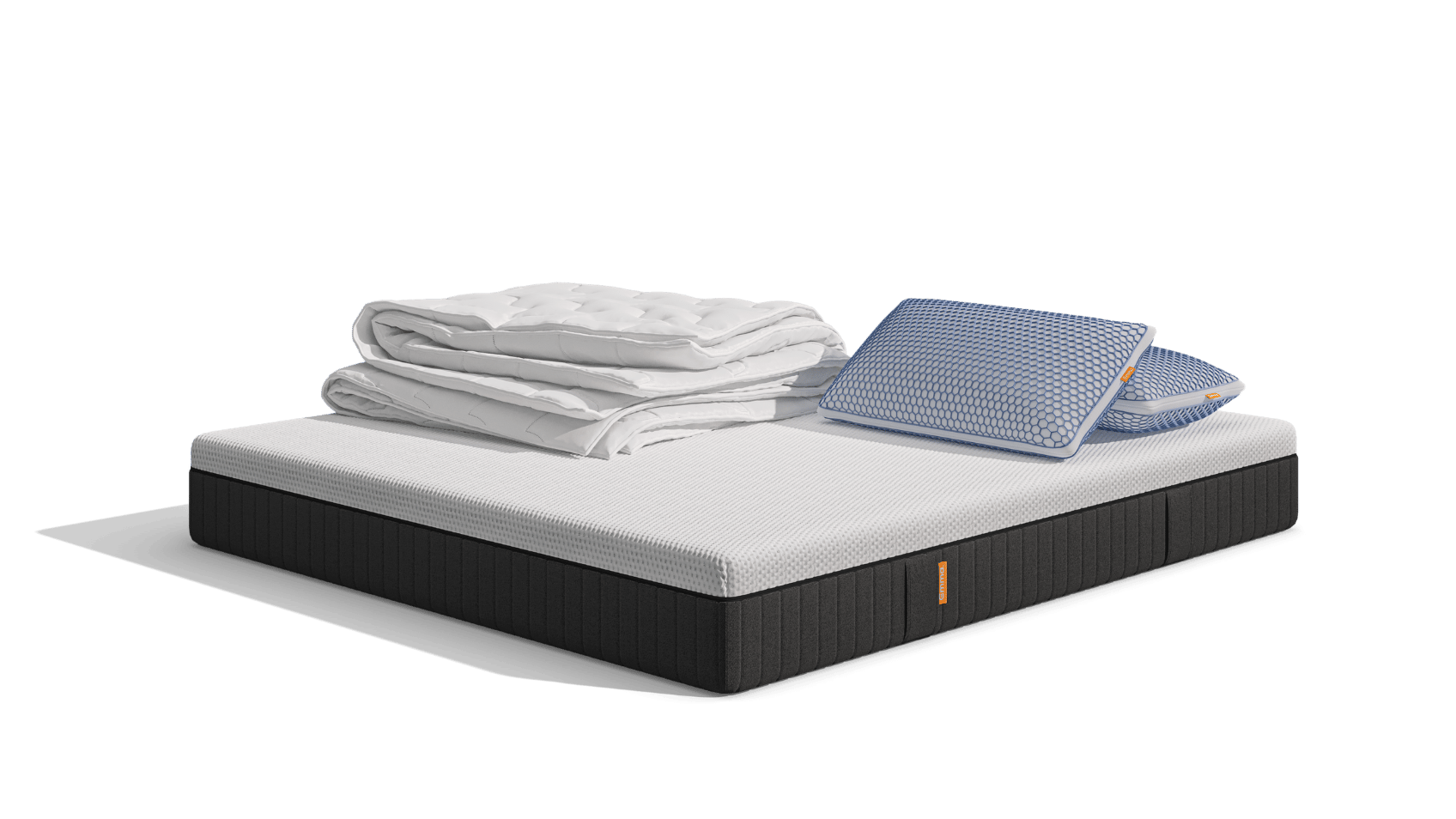 Uma imagem do pack Essenciais, que inclui um colchão Emma Original+ , Almofadas Emma Original Microfibra Elite, e um edredon Emma Quente