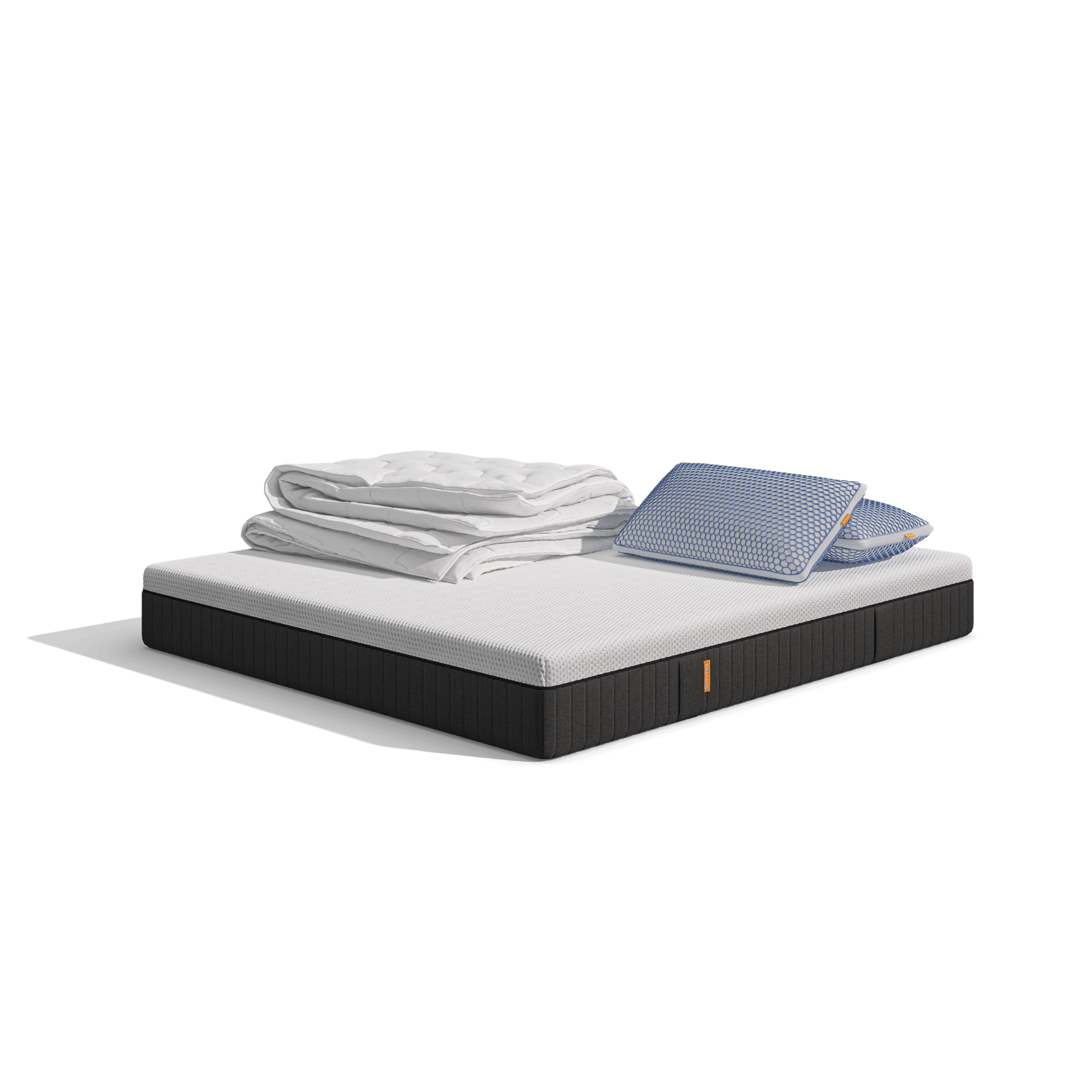 Uma imagem do pack Conforto, que inclui um colchão Emma Original+, Almofadas Emma Original Microfibra Elite, e um edredon Emma Quente