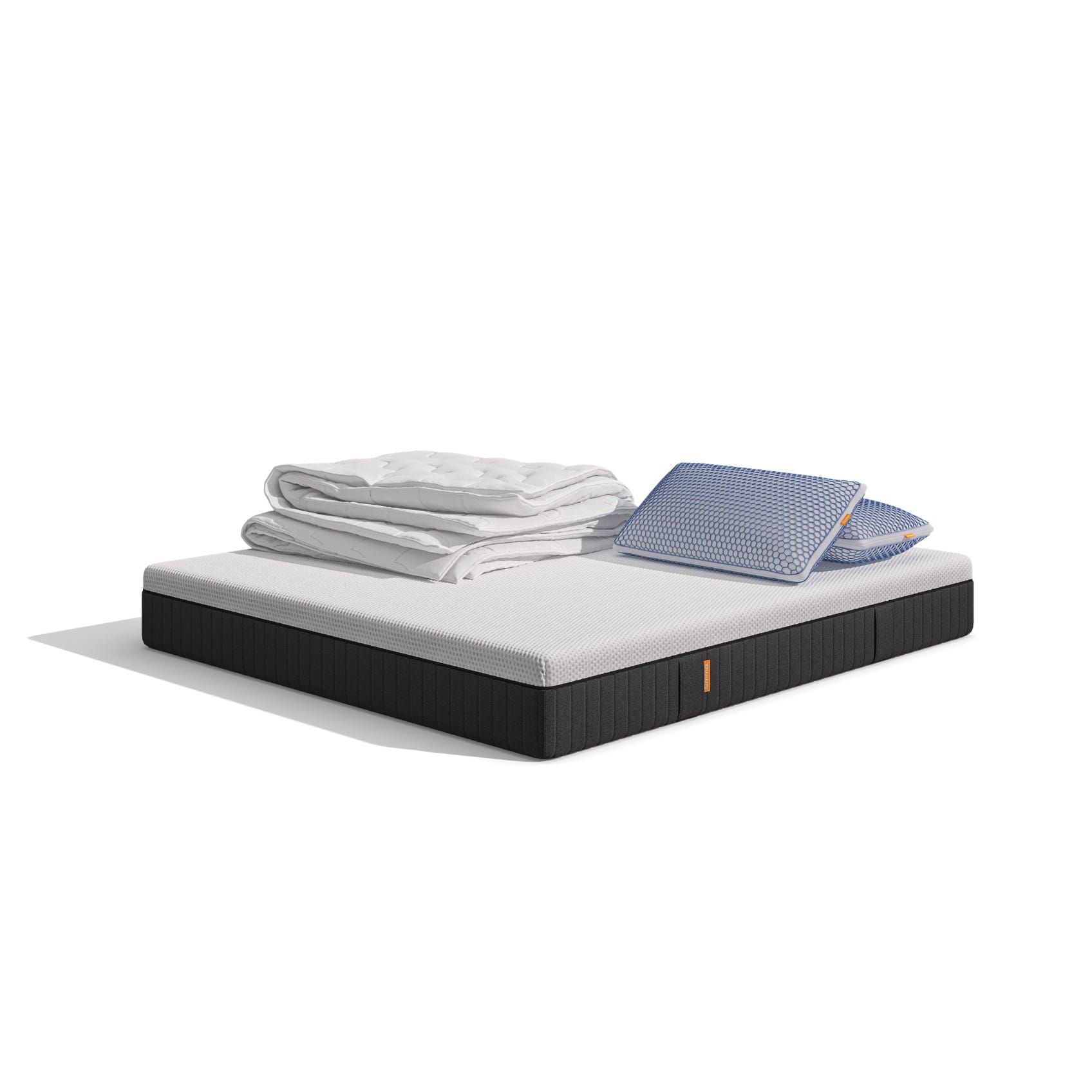 Uma imagem do pack Conforto, que inclui um colchão Emma Hybrid+, almofadas Microfibra Zero Gravity, e um edredon Emma Quente