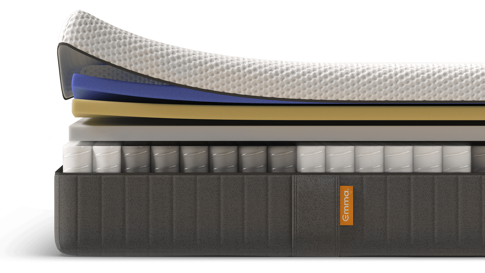 Vue en coupe d’un matelas hybride à plusieurs couches, comprenant une housse respirante, une mousse rafraîchissante, une mousse à mémoire de forme et des ressorts ensachés, mettant en valeur son confort ergonomique et sa construction haut de gamme.