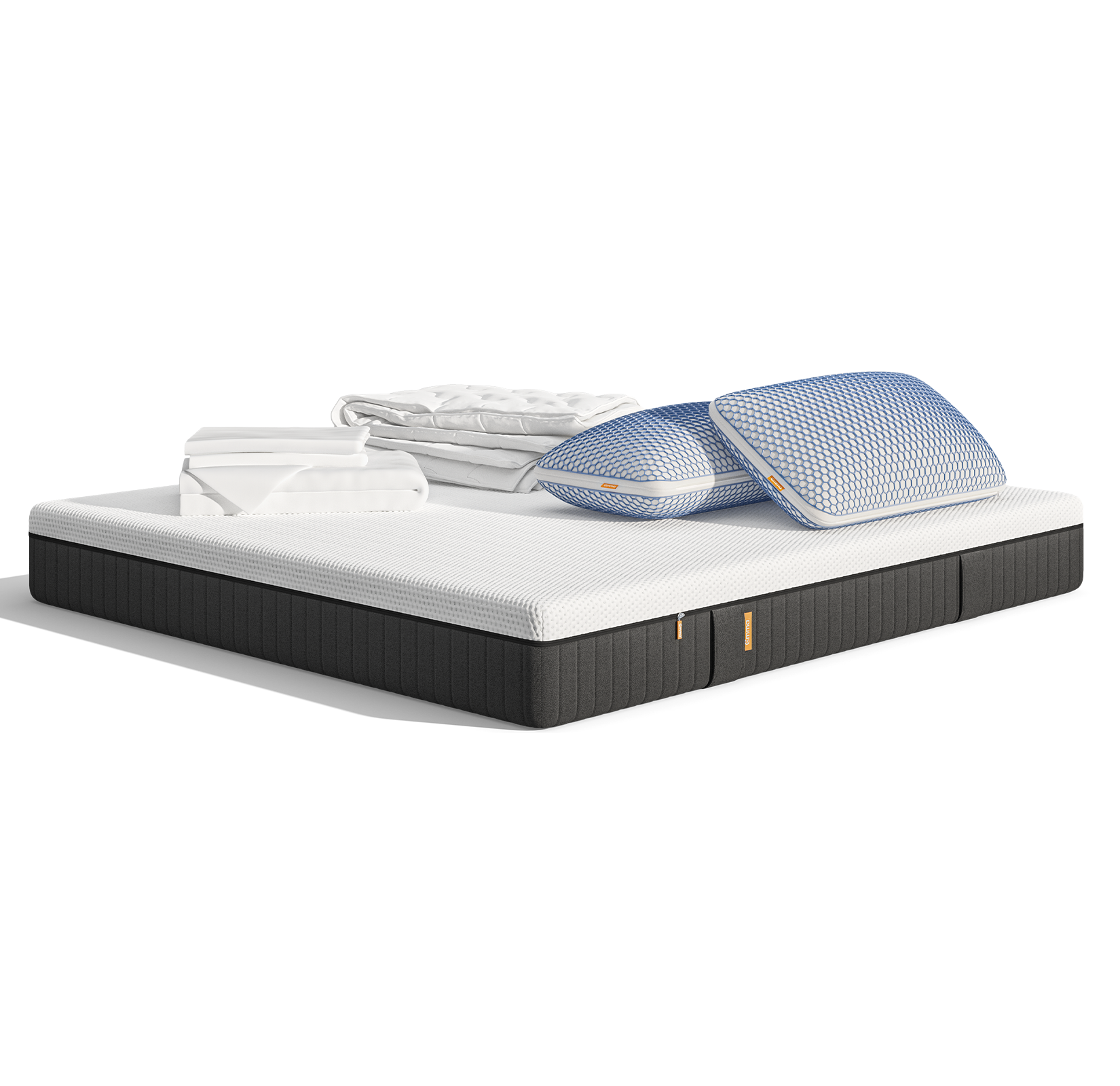 Uma imagem do Pack Conforto Pro+ Plus, que inclui um colchão Emma Original Pro+, almofadas  Emma Microfibra Original Elite, um edredon Emma Primavera e Outono, e roupa de cama branca