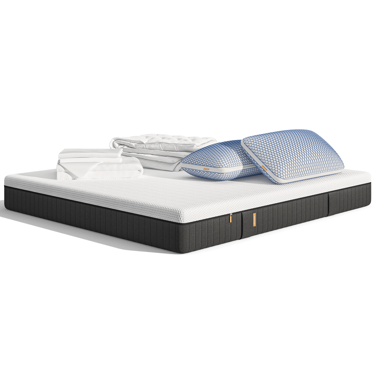 Uma imagem do Pack Conforto Pro+ Plus, que inclui um colchão Emma Original Pro+, almofadas Emma Microfibra Original Elite, um edredon Emma Primavera e Outono, e roupa de cama branca