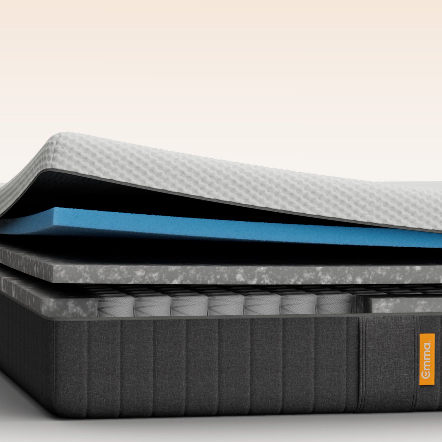Emma Original Lite mattress layers view showing foam and spring layers with dark grey fabric surround.