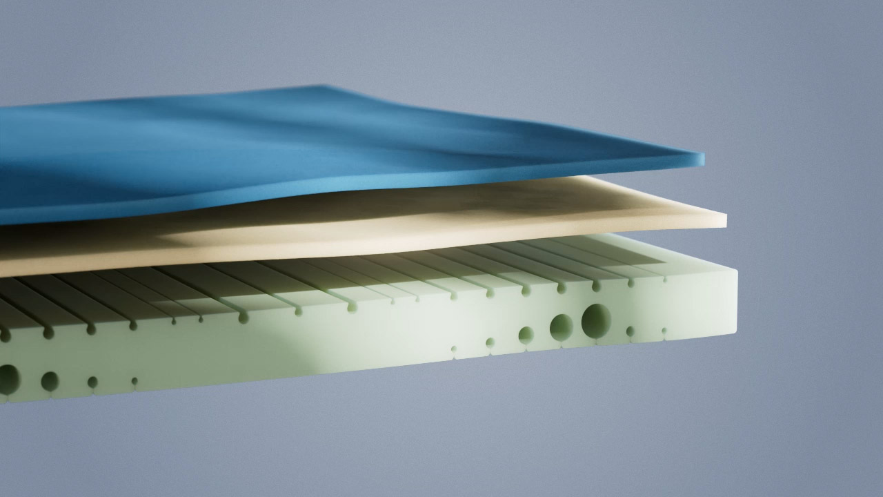 Illustrative cutaway showing the foam layers inside the mattress.