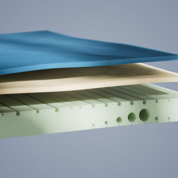 Illustrative cutaway showing the foam layers inside the mattress.