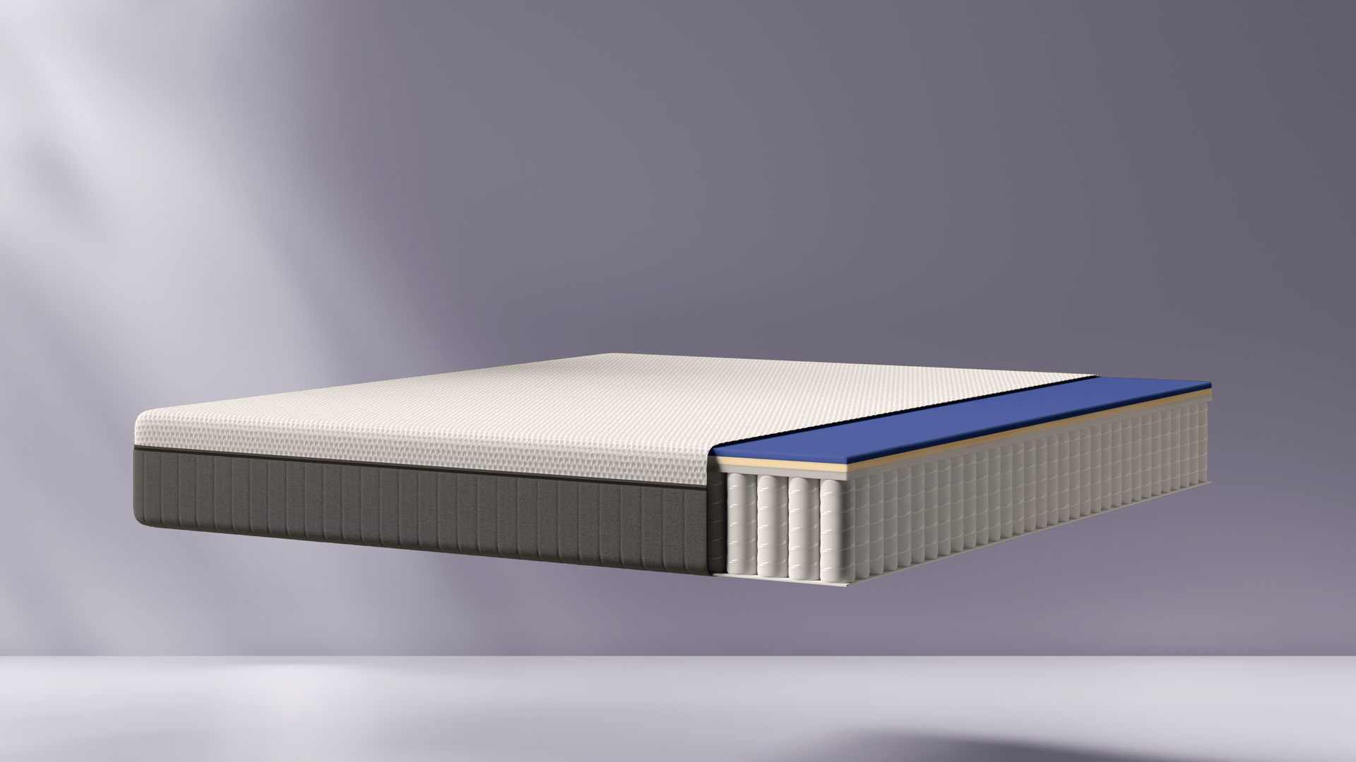 Sezione trasversale di un materasso con strati e molle visibili.