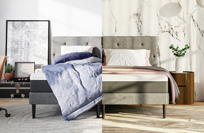 Chambre divisée en deux styles : à gauche, déco éclectique avec couvre-lit rayé bleu, carte, tourne-disque et plante ; à droite, ambiance moderne avec linge de lit rose et blanc, mur effet marbre et lampe design.