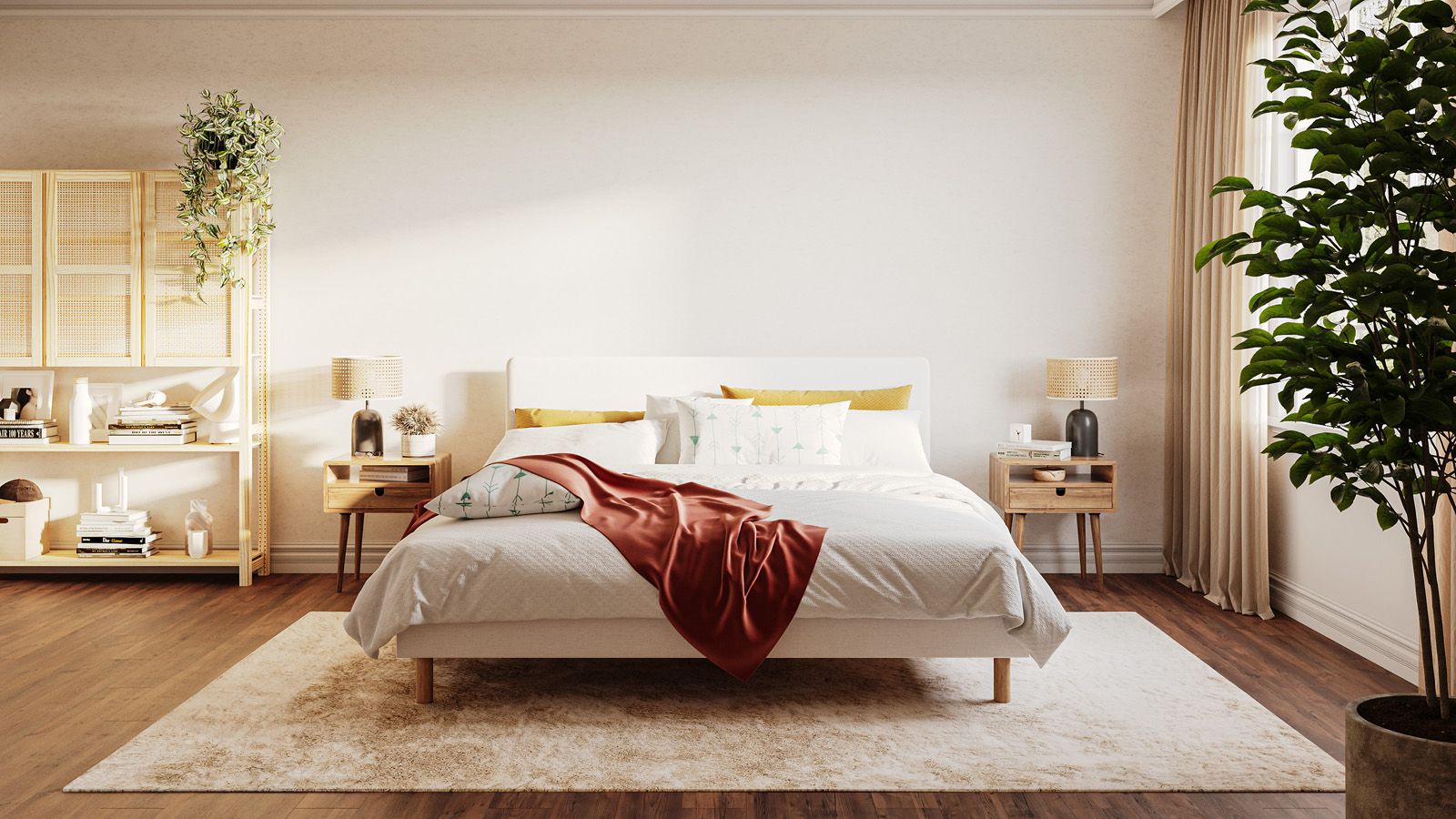 Emma bed in beige met een gestoffeerd hoofdbord en houten poten, gestyled in een lichte, luchtige slaapkamer.