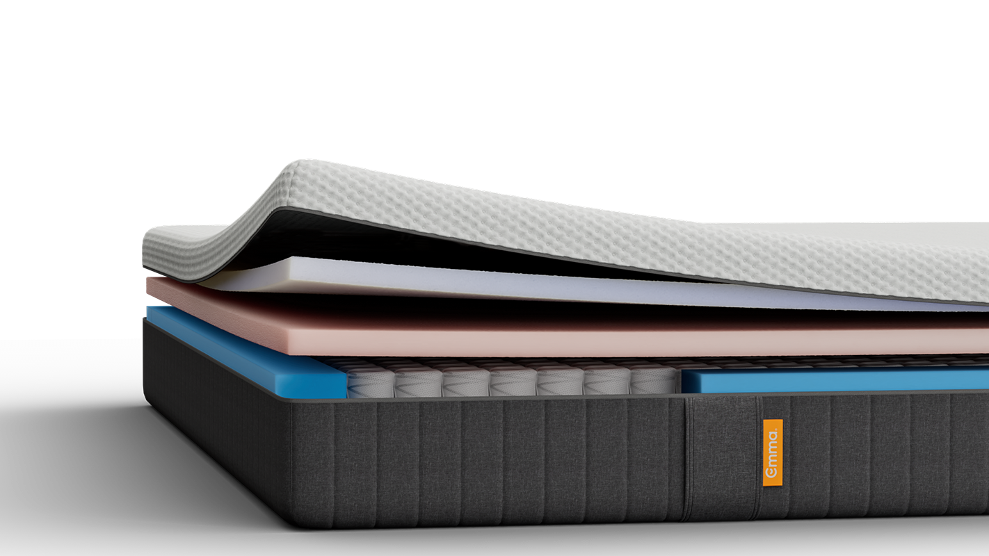 Emma Original Lite mattress cross-section showing slim foam layer construction over a pocket spring base.