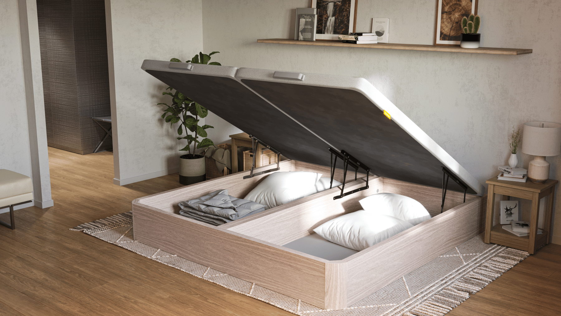 Imagem de um sommier com arumação Emma, com um acabamento castanho, com a base levantada, a mostrar o espaço de arrumação da cama.