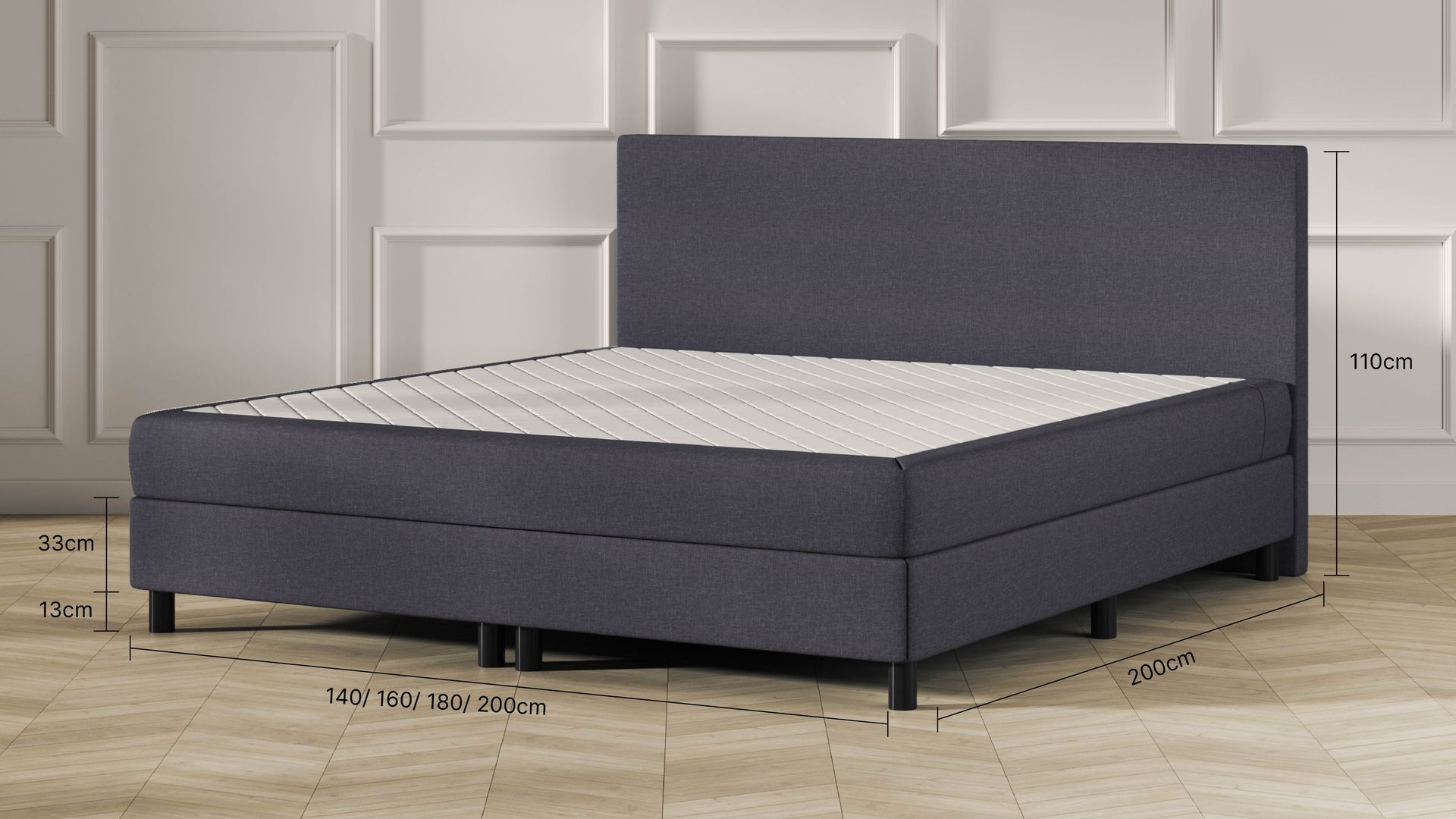 Lit Boxspring Caméléon avec dimensions indiquées.