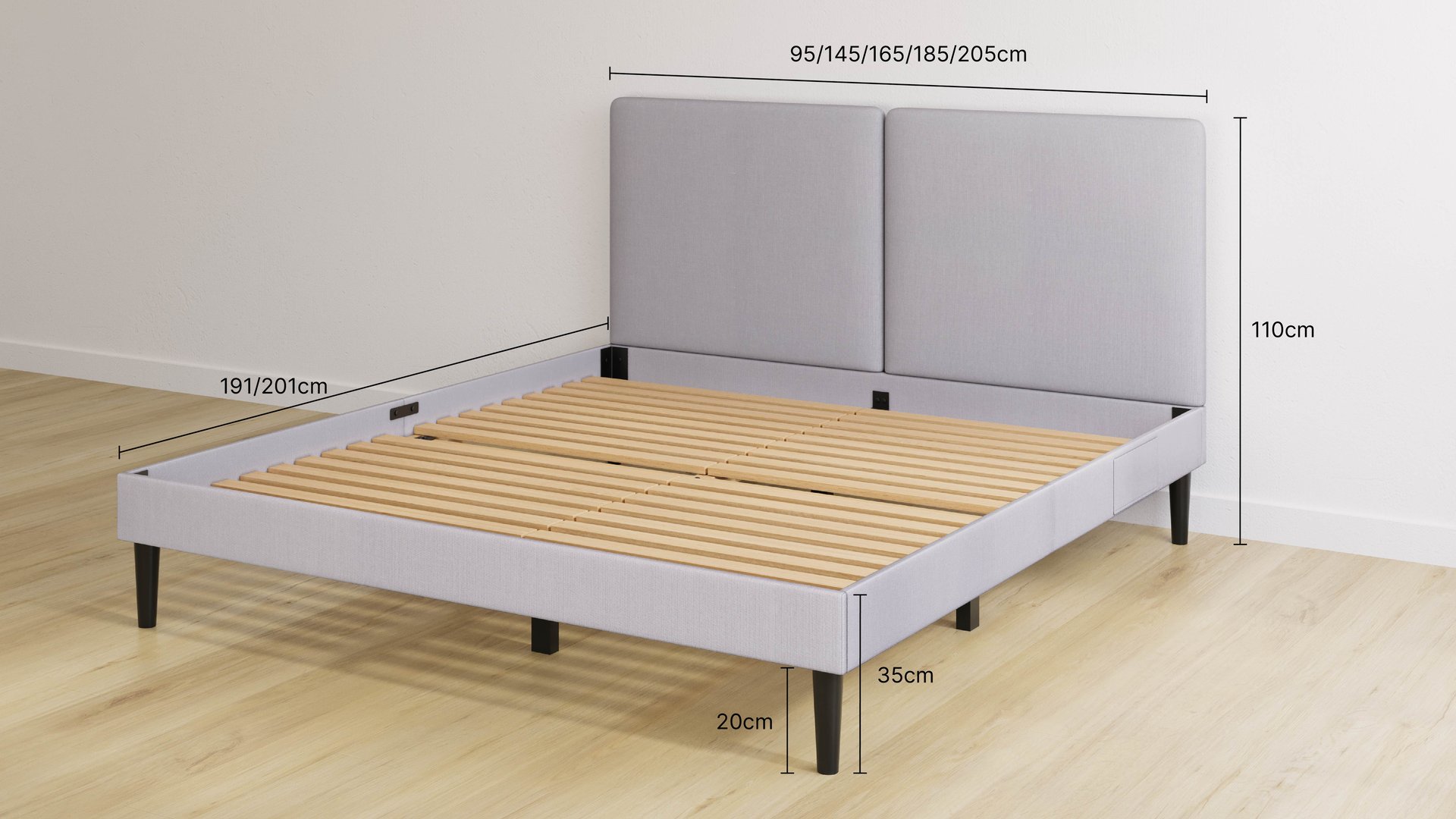Structure de lit Emma Select au design minimaliste, avec tête de lit et panneaux latéraux rembourrés en gris clair. Pieds noirs, lattes en bois visibles pour le soutien du matelas. Placé sur un sol en bois clair, contre un mur blanc. Dimensions indiquées : hauteur tête de lit 110 cm, hauteur du cadre 35 cm, espace sous le lit 20 cm, largeur disponible 95 à 205 cm, longueur 191 ou 201 cm.
