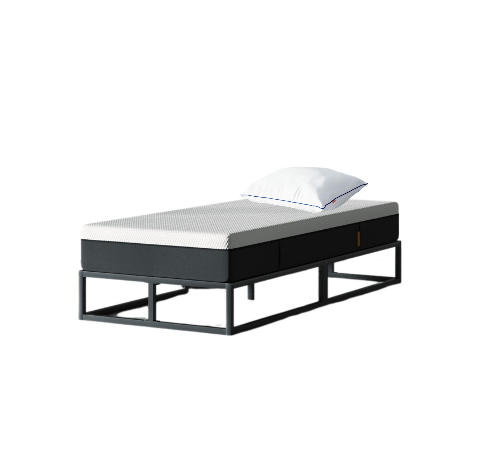 Letto moderno minimalista con struttura in metallo nero, copriletto chiaro e cuscini beige e verdi.