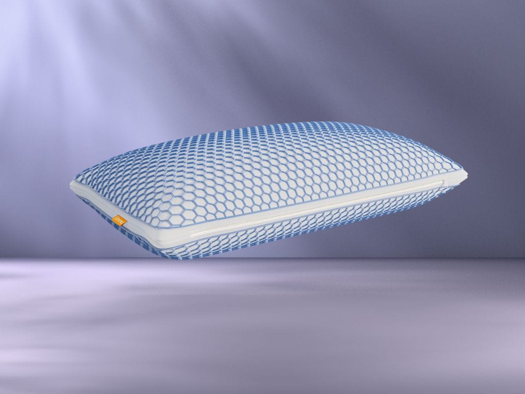 Almohada emma con tecnologia gel azul en fondo morado