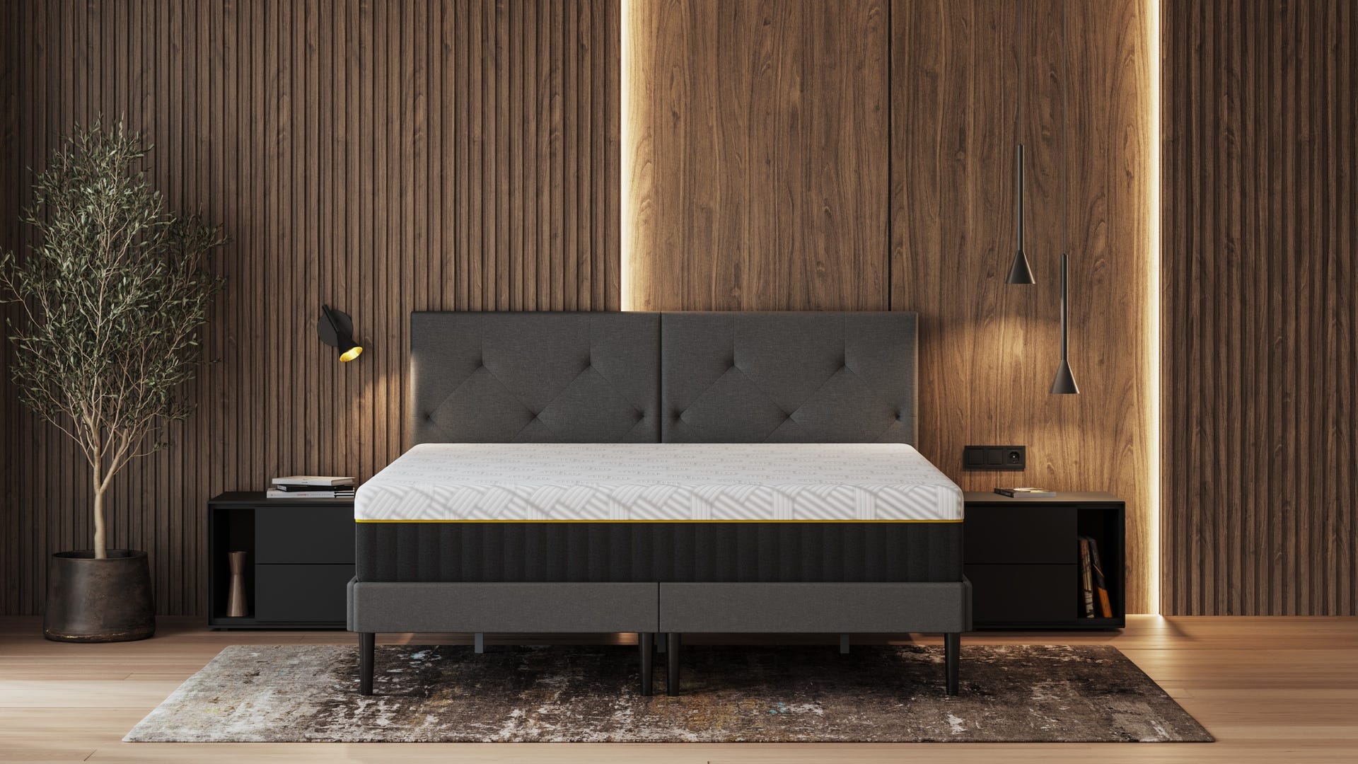 colchone mma hybrid elite de 27cm en cama tapizada en un comedor moderno de madera