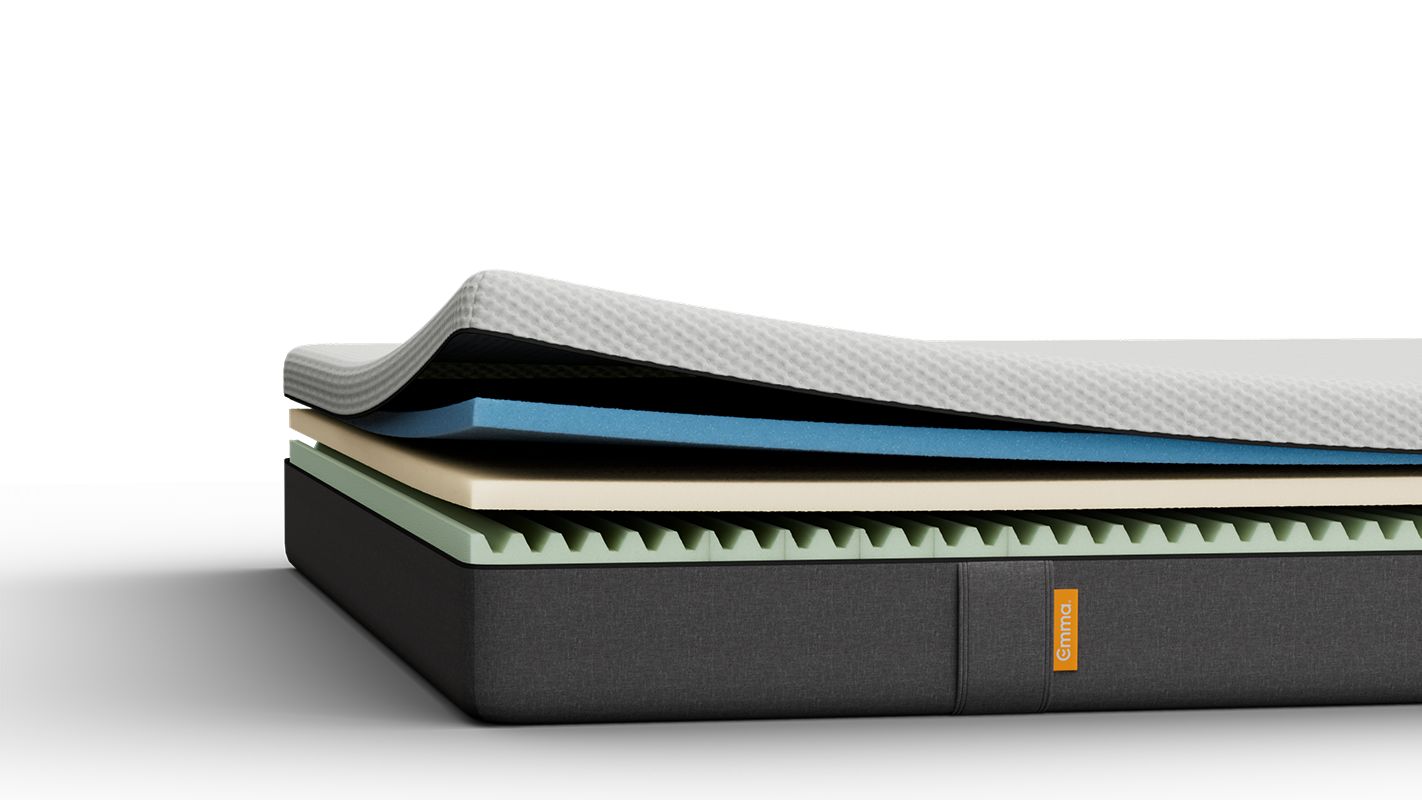 Imagem do colchão Emma Original com detalhes das camadas visíveis