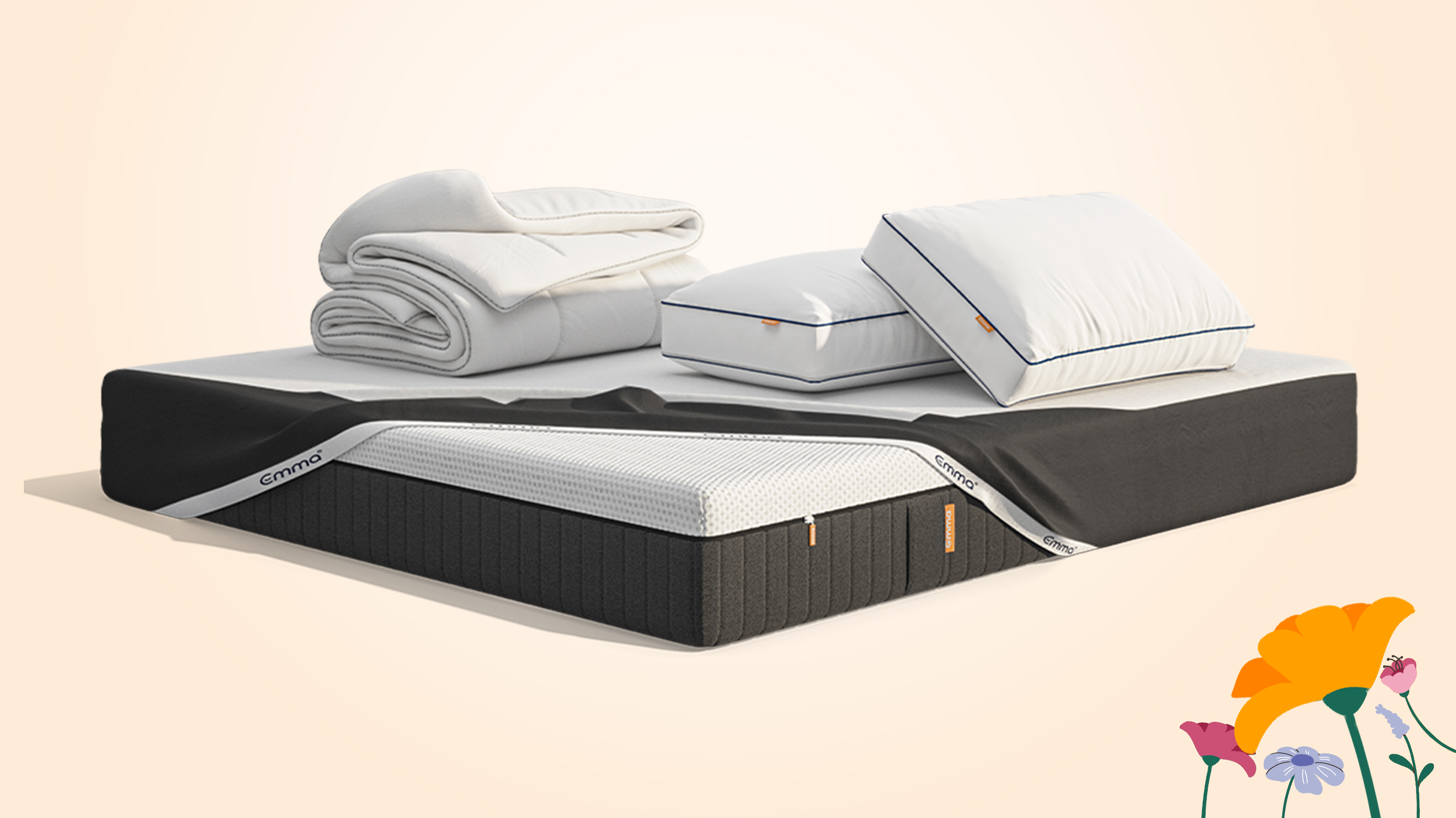 Spring Mega Bundle. It includes the following Emma products: mattress, two pillows and a duvet render. Soft white background, floral theme.