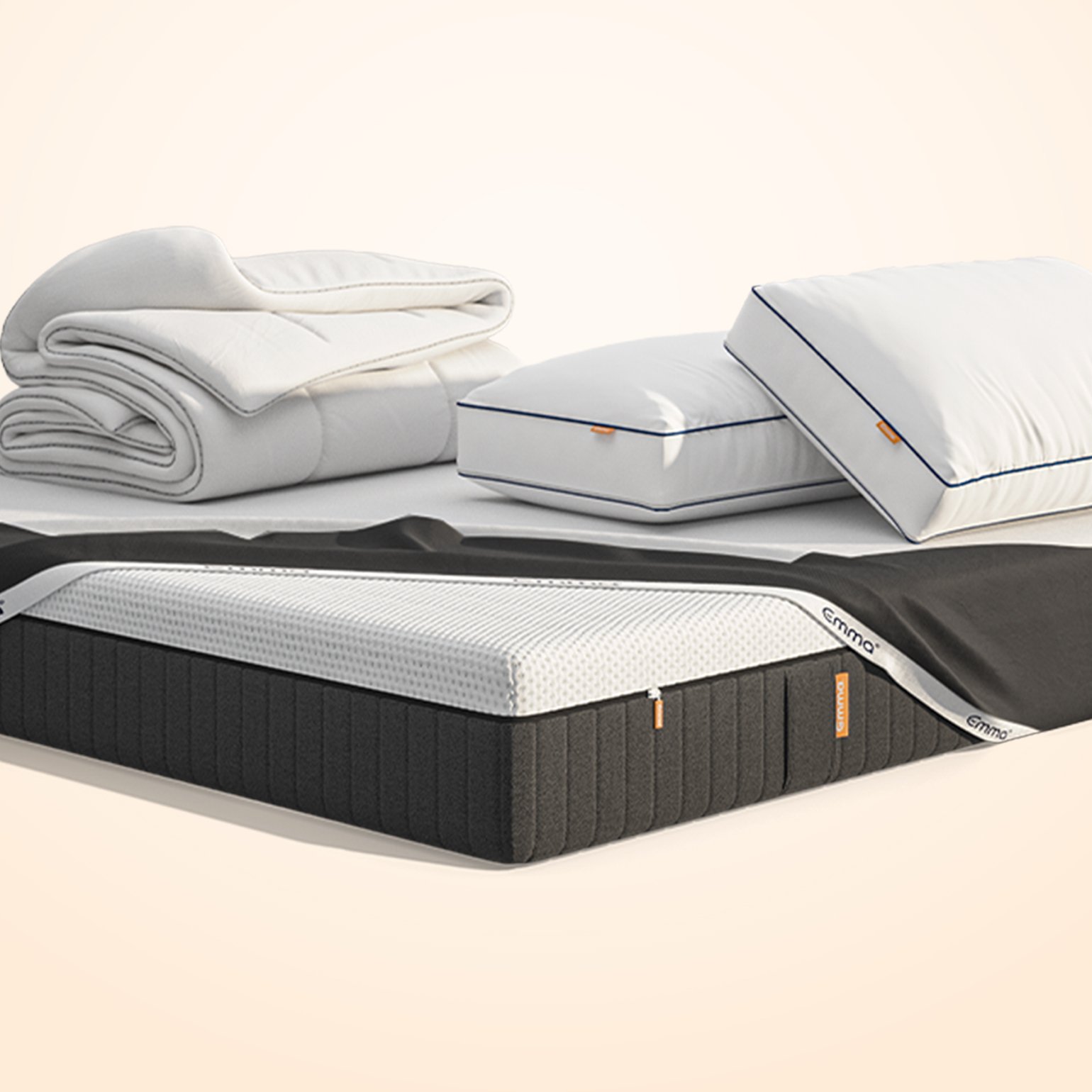 Big Summer Mega Bundle. It includes the following Emma products: mattress, two pillows and a duvet render. Soft white background, floral theme.