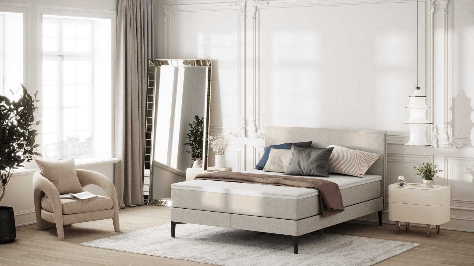 Leichtes Boxspringbett in einem großen Zimmer