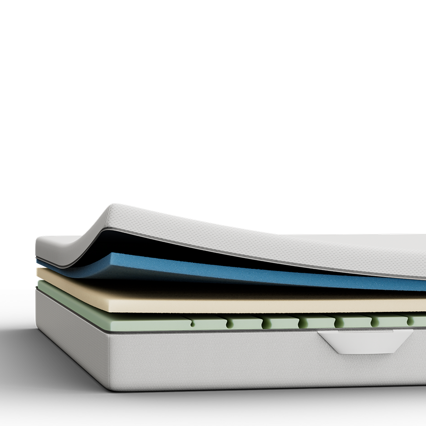 Aufgeschnittene Emma One Matratze mit sichtbaren Schichten.