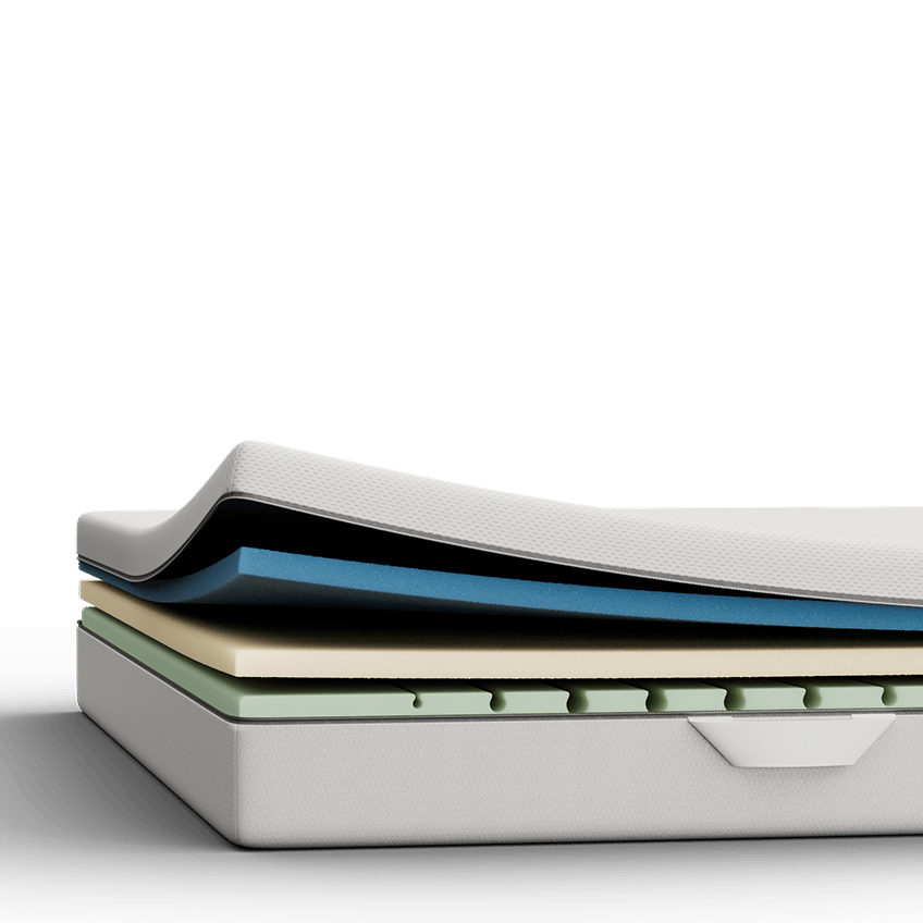 Materasso a strati visibili con memory foam bianco, blu, verde traforato.