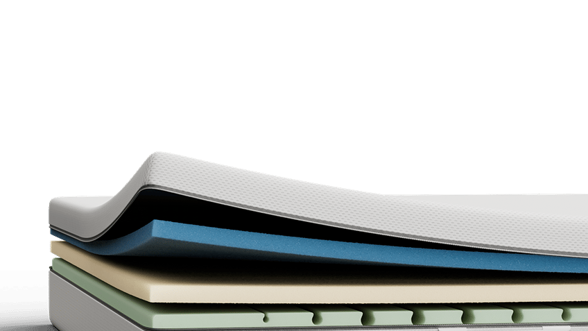 Materasso a strati visibili con memory foam bianco, blu, verde traforato.