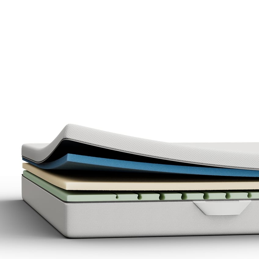 Aufgeschnittene Emma One Matratze mit sichtbaren Schichten.