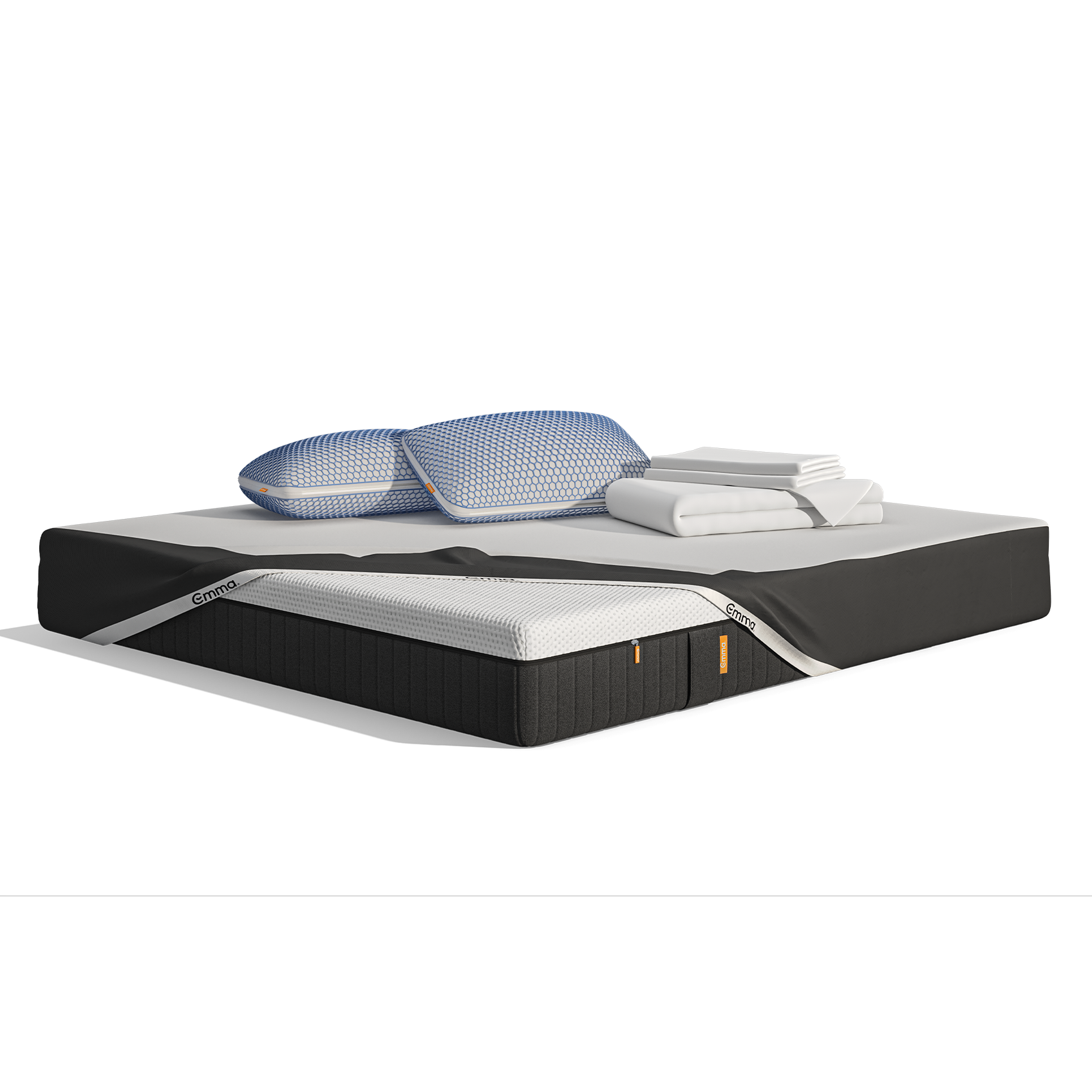  Uma imagem do Pack Conforto Pro+ Plus, que inclui um colchão Emma Original Pro+, almofadas Emma Microfibra Original Elite, um protetor de colchão, e roupa de cama branca
