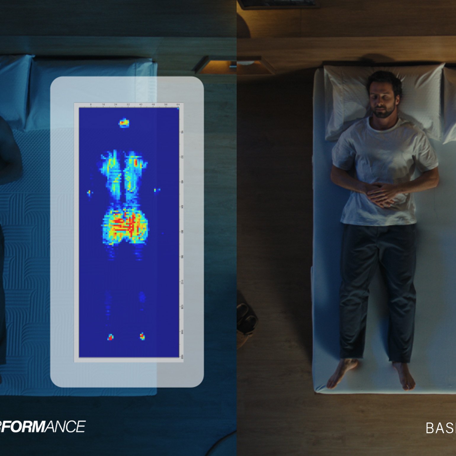 Top down comparison of a man lying on two different mattresses with translucent overlays indicating pressure relief zones.