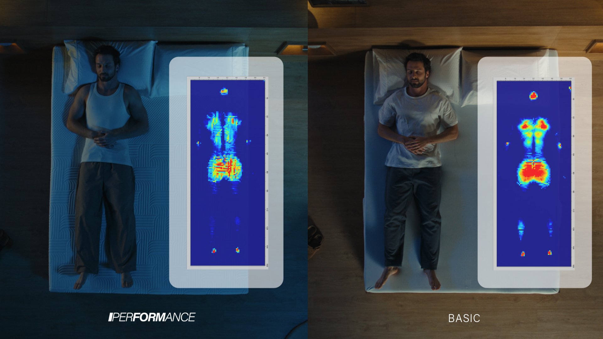Top down comparison of a man lying on two different mattresses with translucent overlays indicating pressure relief zones.