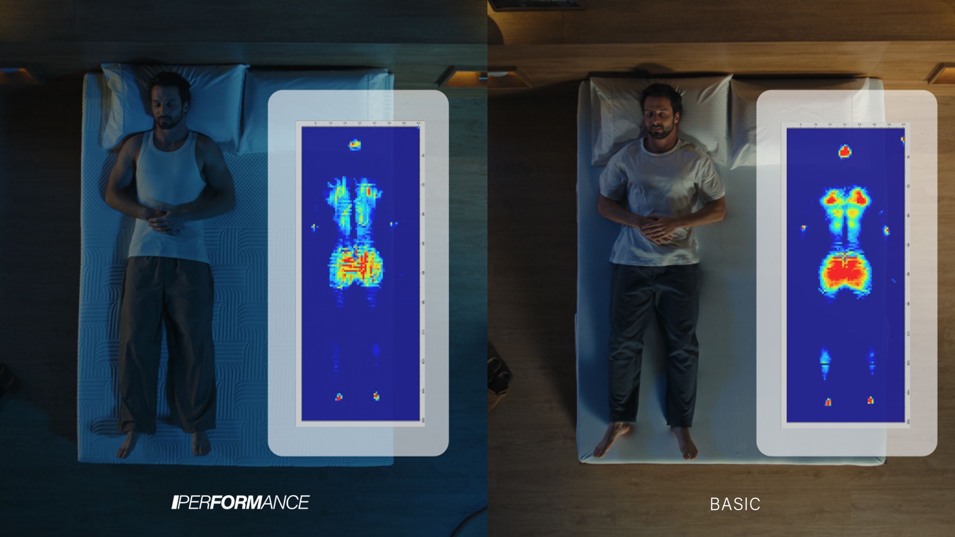 Top down comparison of a man lying on two different mattresses with translucent overlays indicating pressure relief zones.