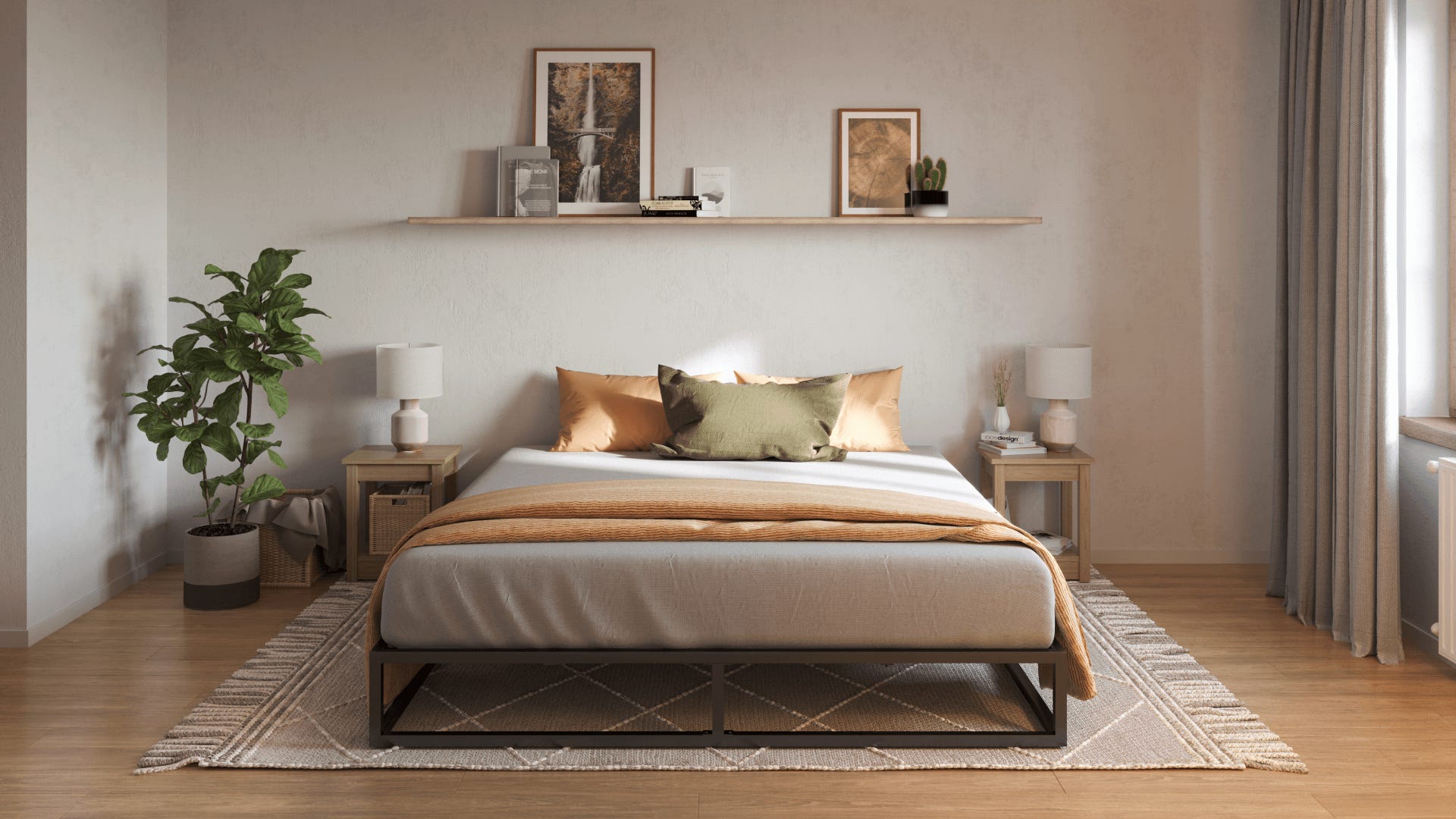 Modernes Schlafzimmer mit Holzbett, beigen Kissen und Nachttischen, dekoriert mit Pflanzen und Wandbildern.