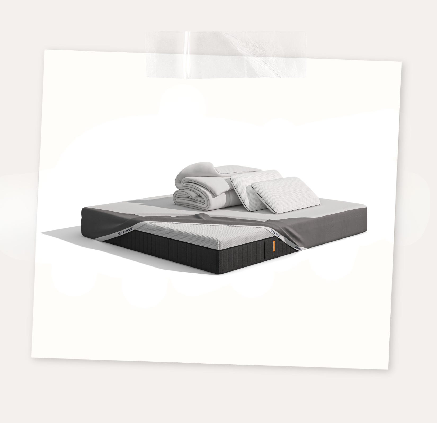 Uma imagem do Pack Original Pro e Edredon, que inclui um colchão Emma Hybrid Premium, almofadas Emma Premium, um edredon 4 Estações, e uma capa protetora