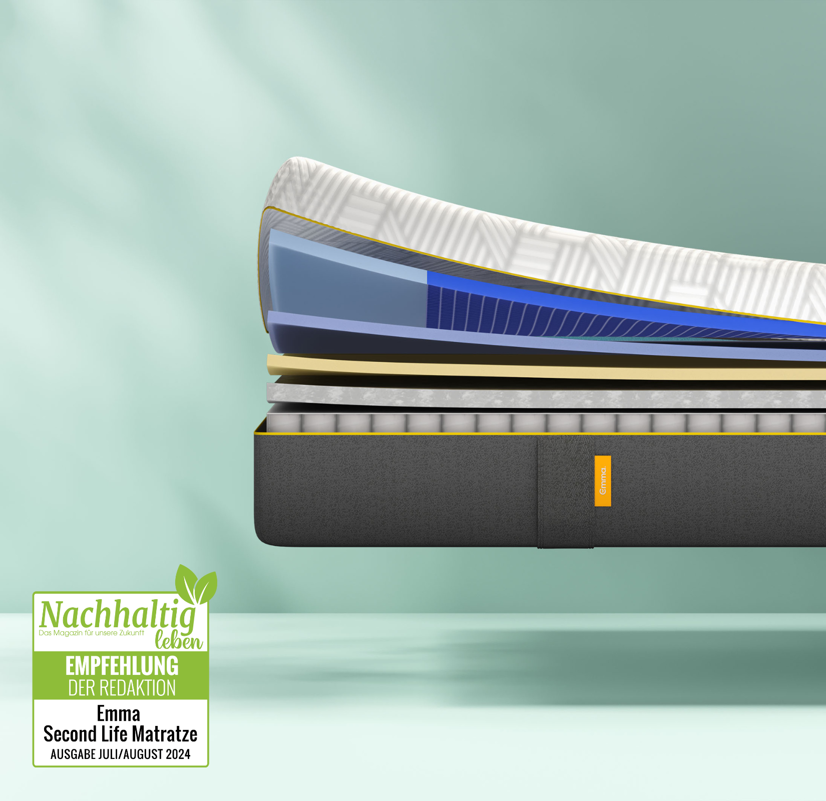 Nachhaltige Emma Elite Matratze mit sichtbaren Schichten und Nachhaltig Siegel.