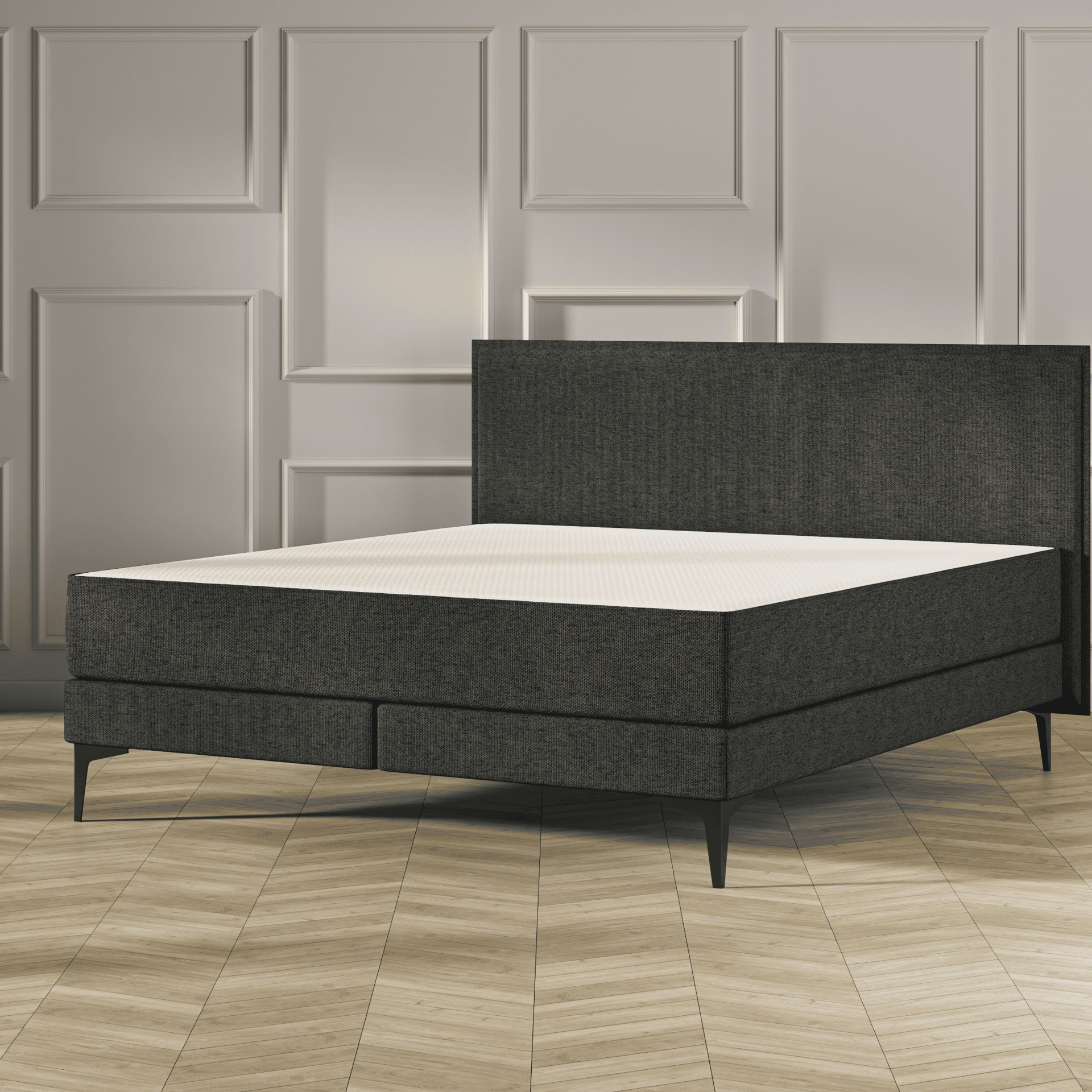 Emma Original Elite  Boxspring bed in donkergrijs, met effen hoofdbord en metalen pootjes, geplaatst in een stijlvolle slaapkamer met houten vloer.