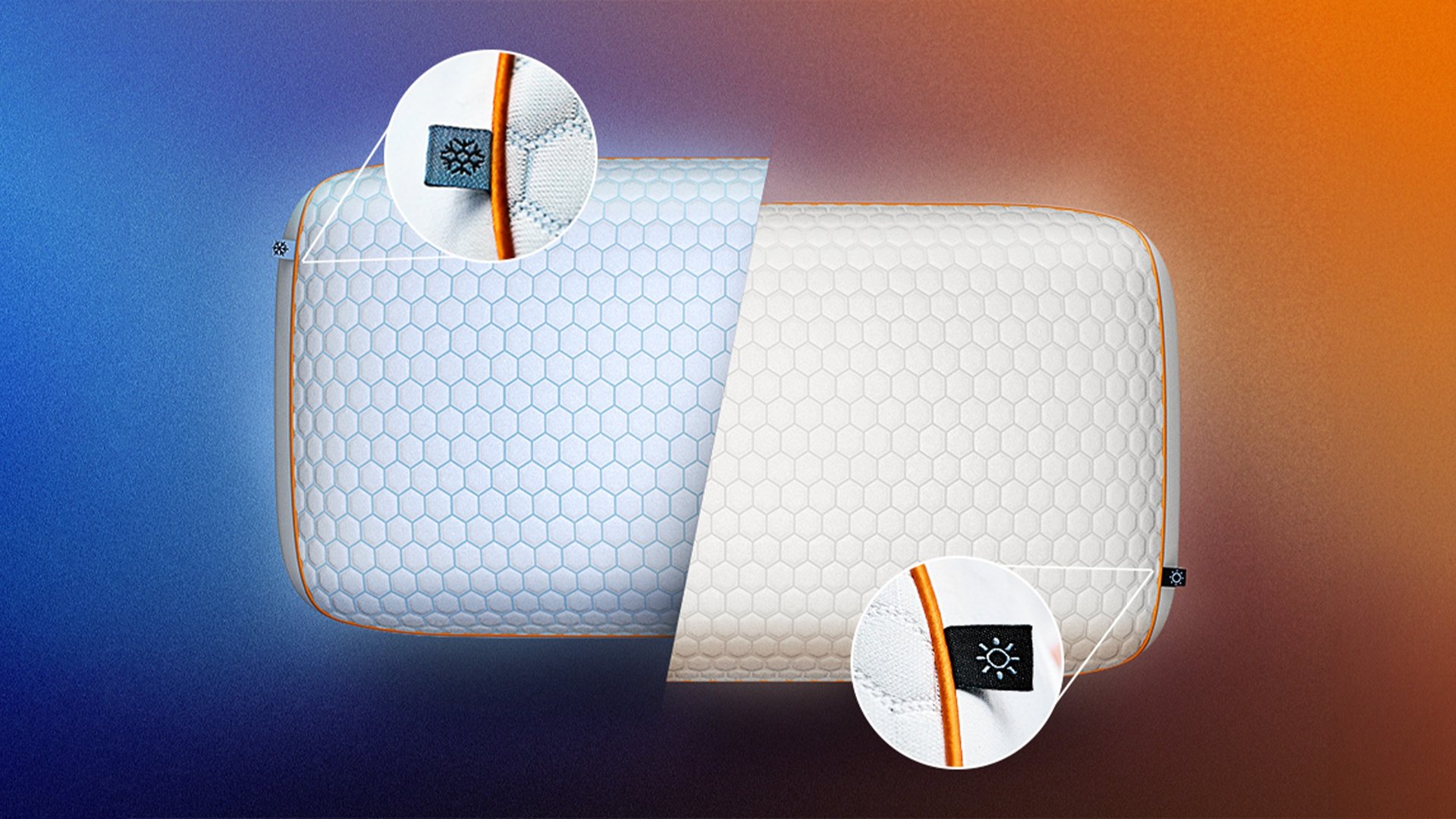 Emma Performance Adapt Pillow showing cool and warm sides with callout labels on a blue-orange gradient background.