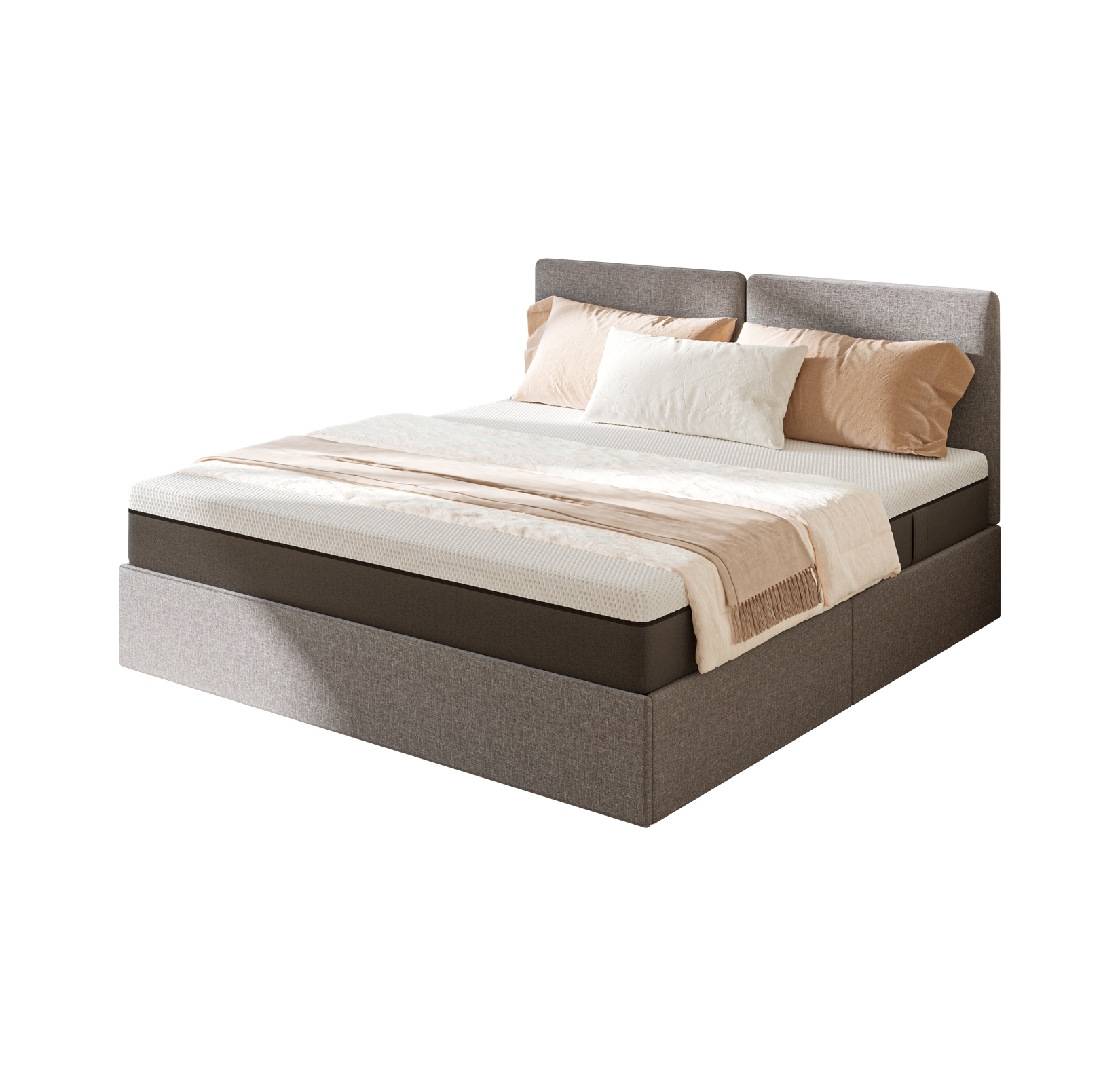 Letto moderno con testiera, biancheria bianca e beige, cuscini e coperta.