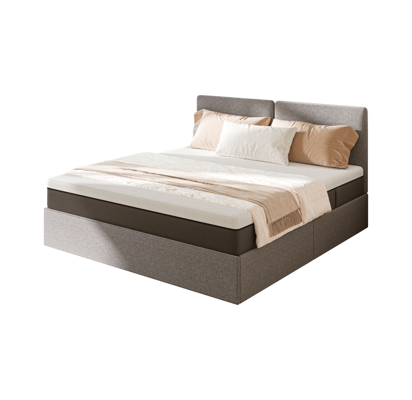 Letto moderno con testiera, biancheria bianca e beige, cuscini e coperta.