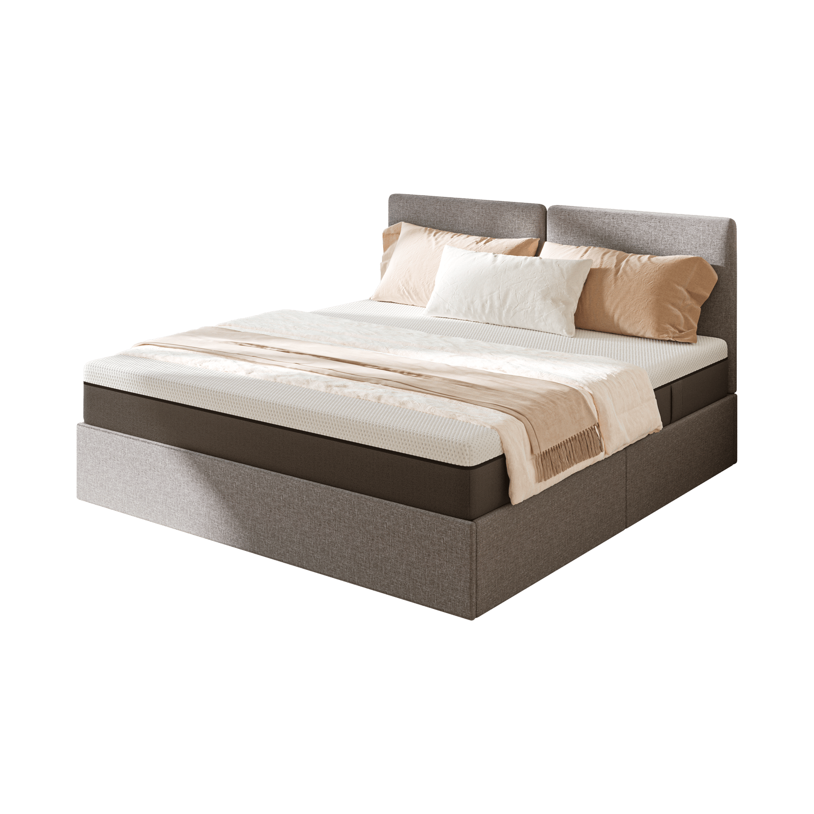 Letto moderno con testiera, biancheria bianca e beige, cuscini e coperta.