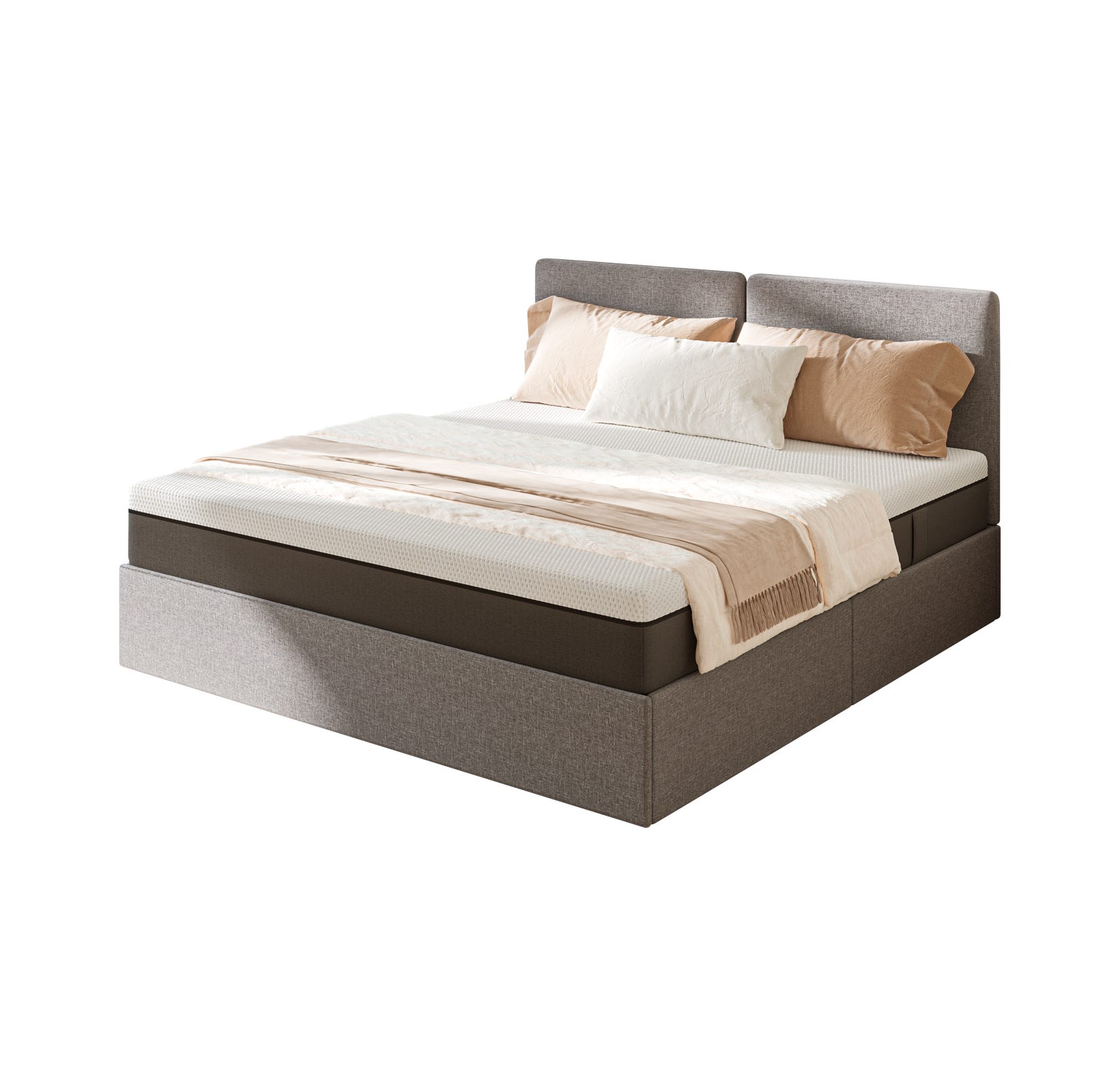 Letto moderno con testiera, biancheria bianca e beige, cuscini e coperta.