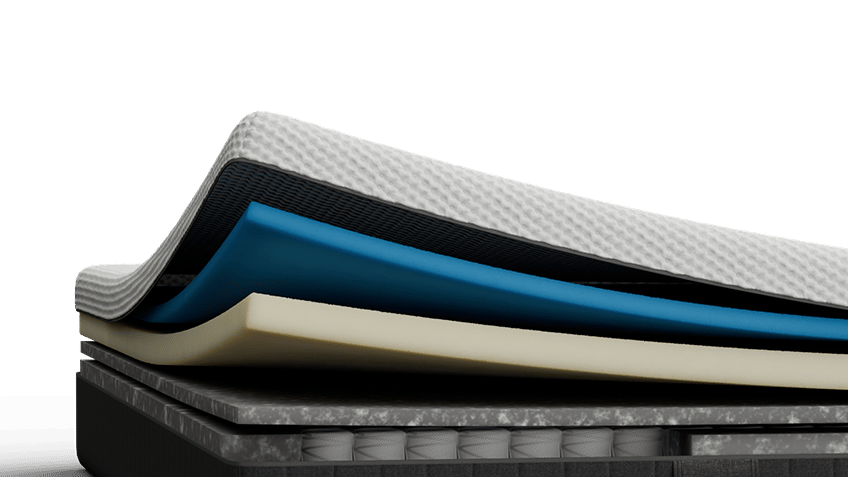 Emma Original mattress layers view showing multiple foam layers including a blue foam layer.