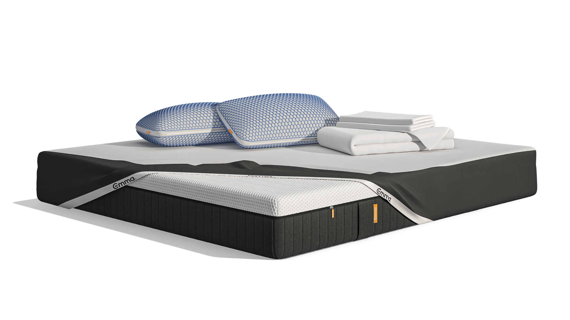 Uma imagem do Pack Conforto Pro+ Plus, que inclui um colchão Original Pro+, Almofadas Emma Original Microfibra Elite, e um protetor de colchão e roupa de cama