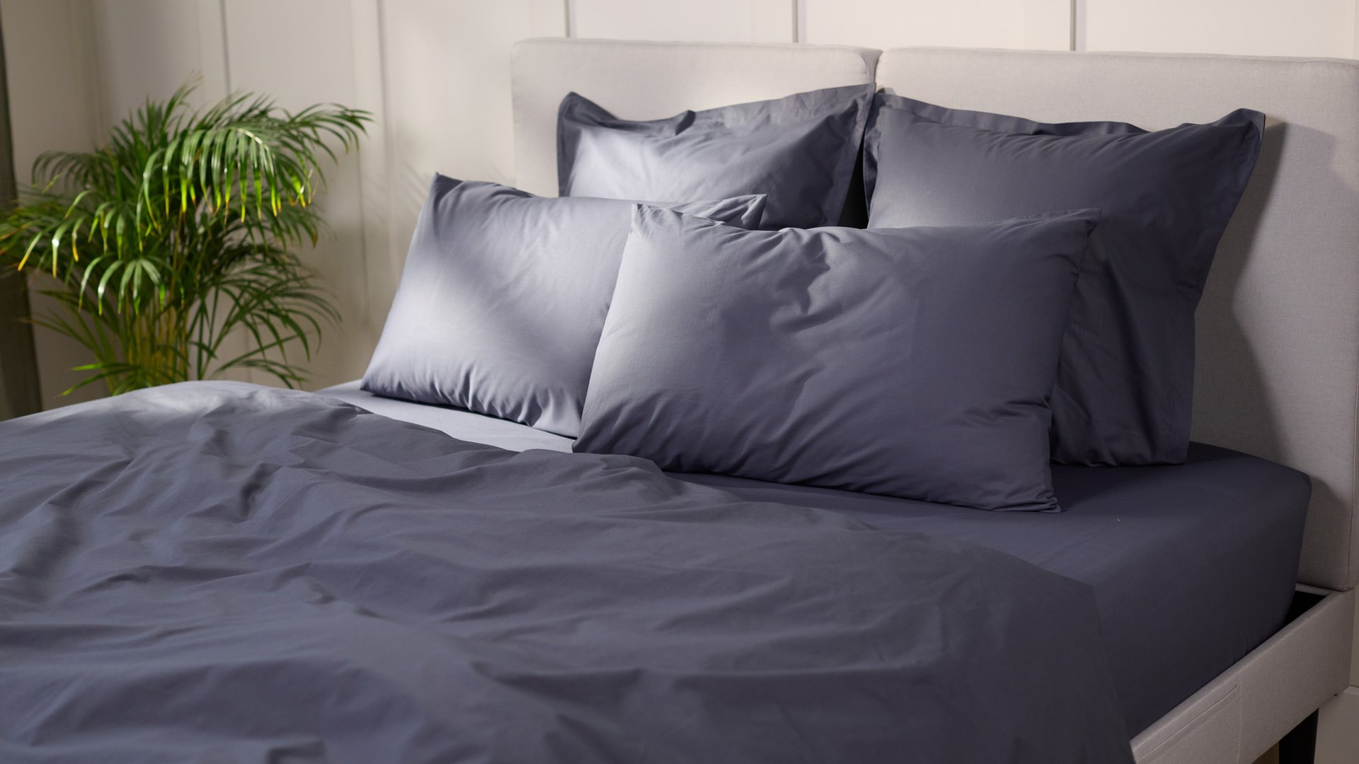 Opgemaakt bed met donkergrijs beddengoed en meerdere kussens, met een groene kamerplant op de achtergrond in een lichte slaapkamer.