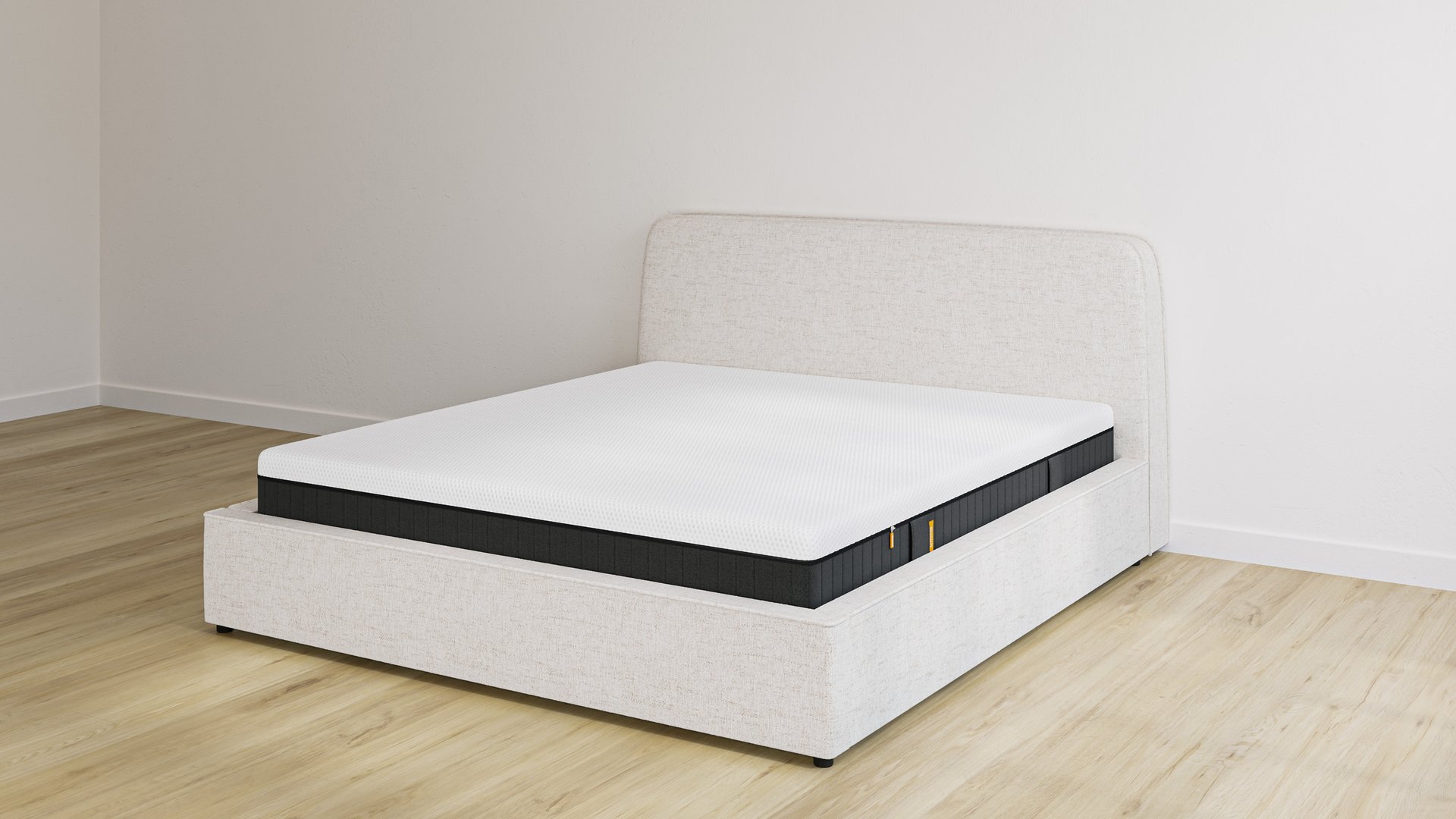 Emma storage bed in sand upholstery with headboard and Original Elite mattress, on light wood floor.