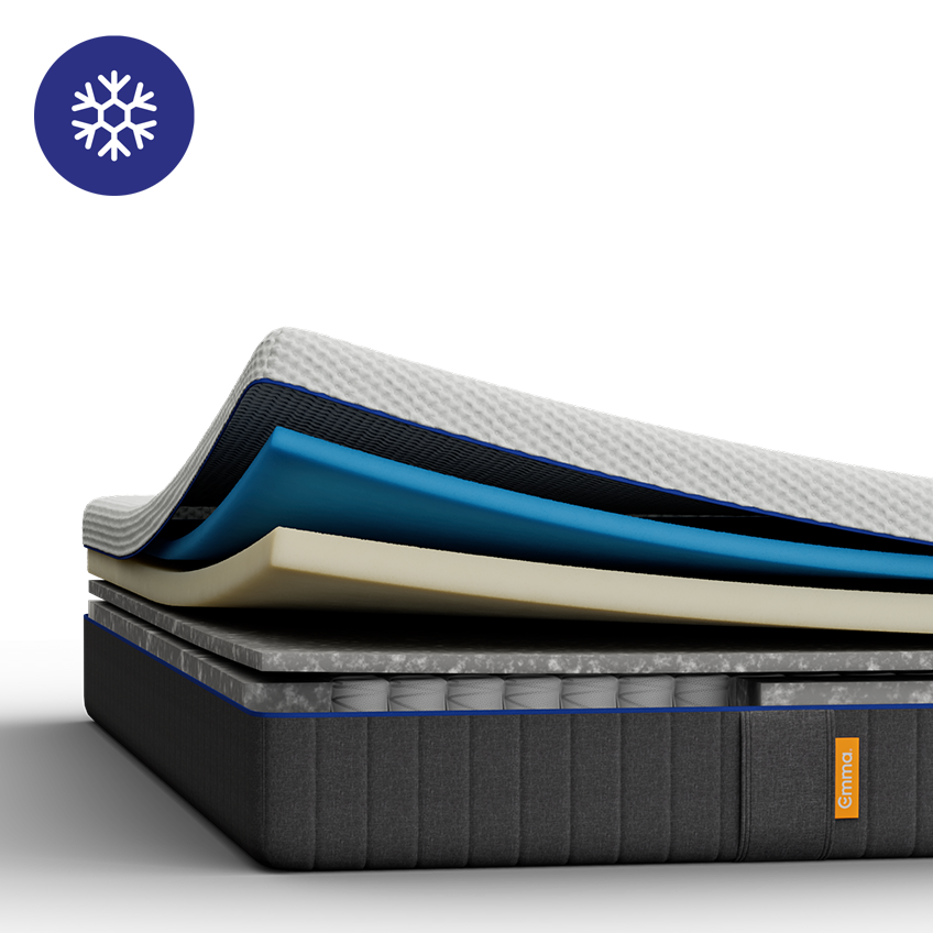 Emma Original mattress layers view showing multiple foam layers including a blue foam layer, with a cooling badge.