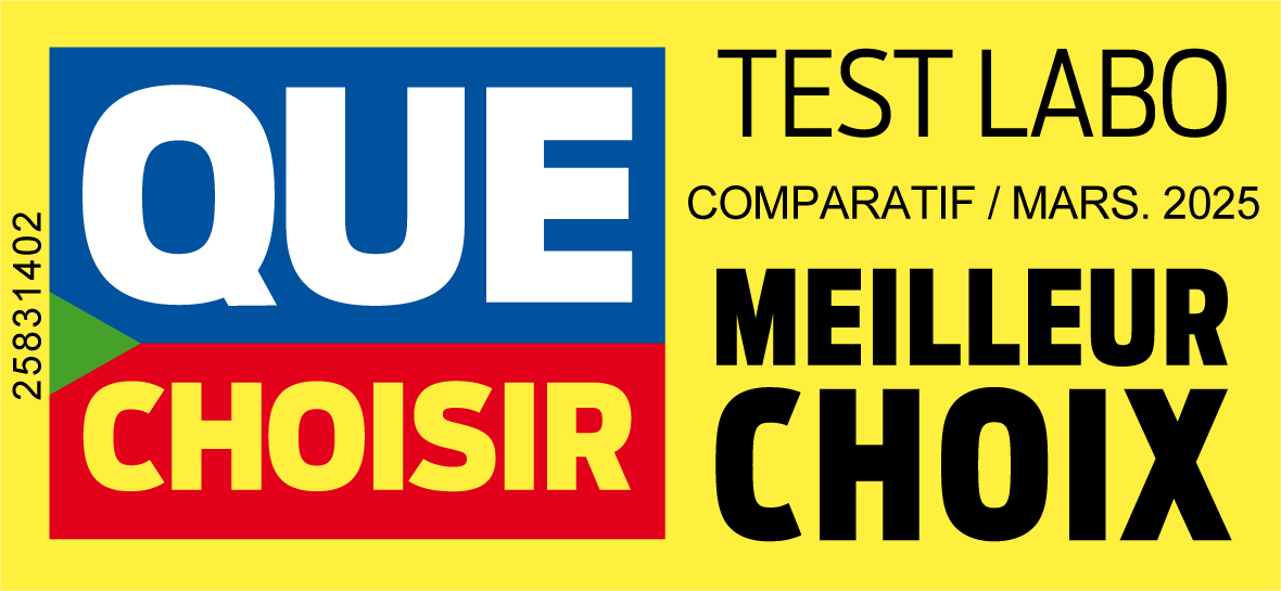 Étiquette de certification de qualité affichant 'QUE CHOISIR' en lettres blanches sur fond bleu et rouge, accompagnée des mentions 'TEST LABO COMPARATIF / MARS. 2025' et 'MEILLEUR CHOIX' en noir sur fond jaune, avec le numéro de référence 25831402 à gauche.